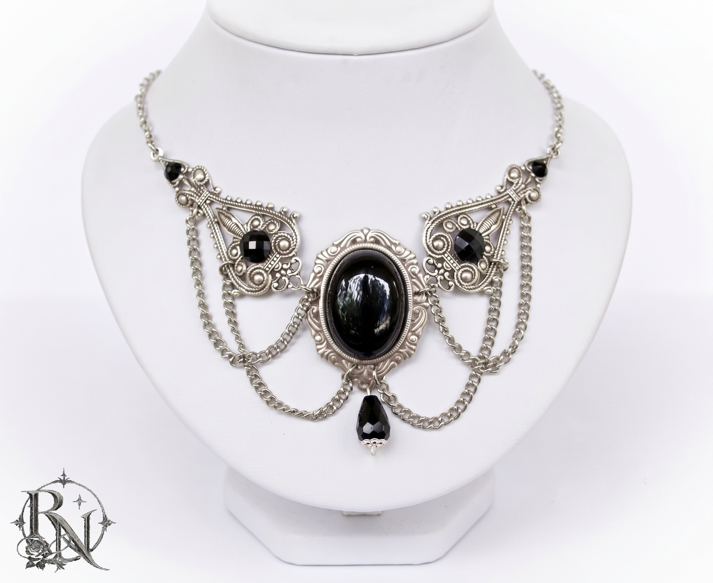 Silver Onyx Victorian Gothic Necklace/Choker with black gem - Image 2