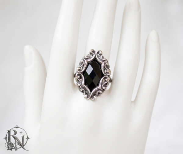 Victorian Gothic Silver Ornate Adjustable Ring with black gem