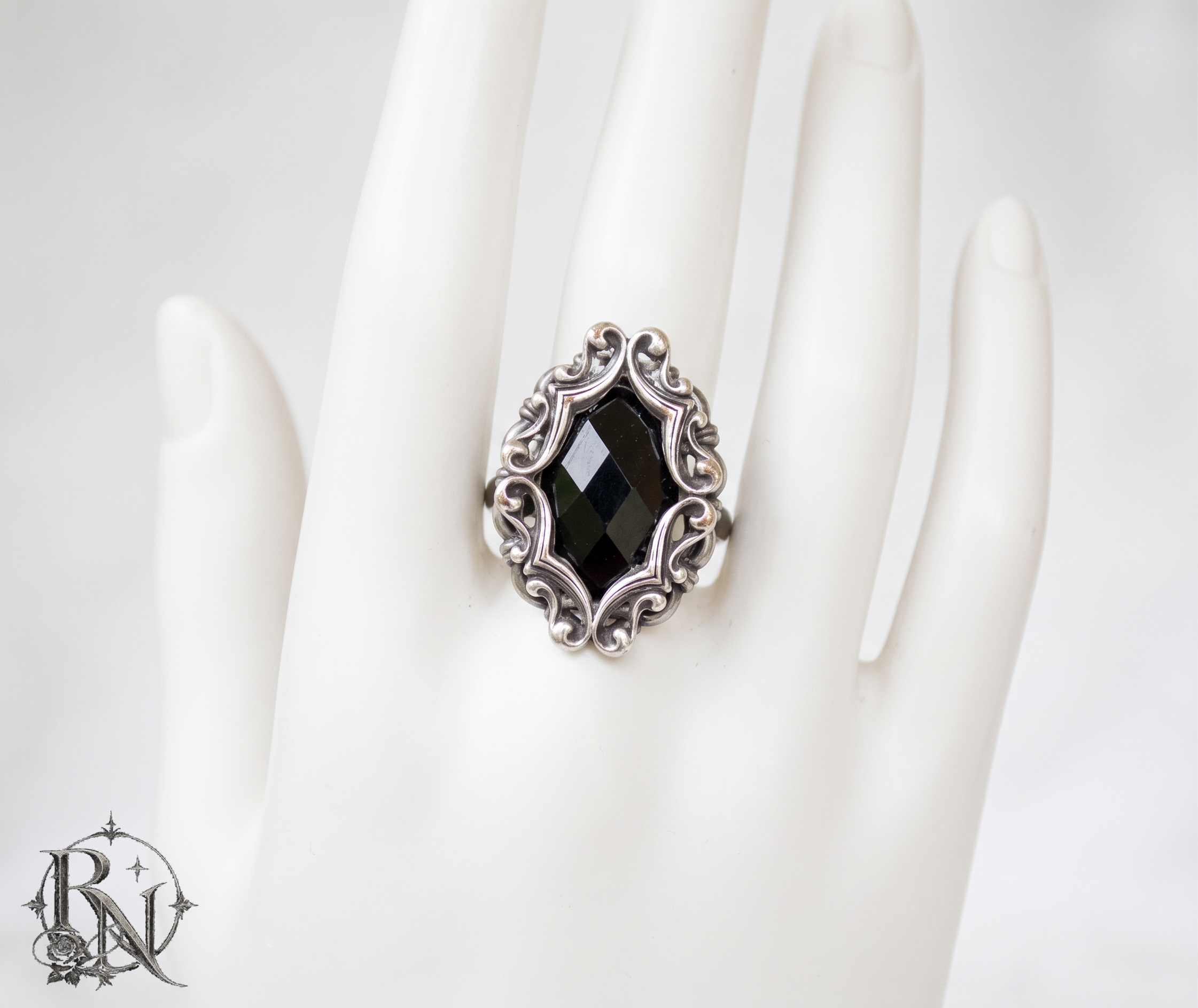 Victorian Gothic Silver Ornate Adjustable Ring with black gem