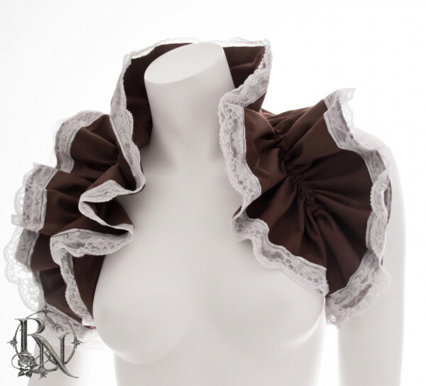 Brown steampunk bolero/shrug with white lace detail