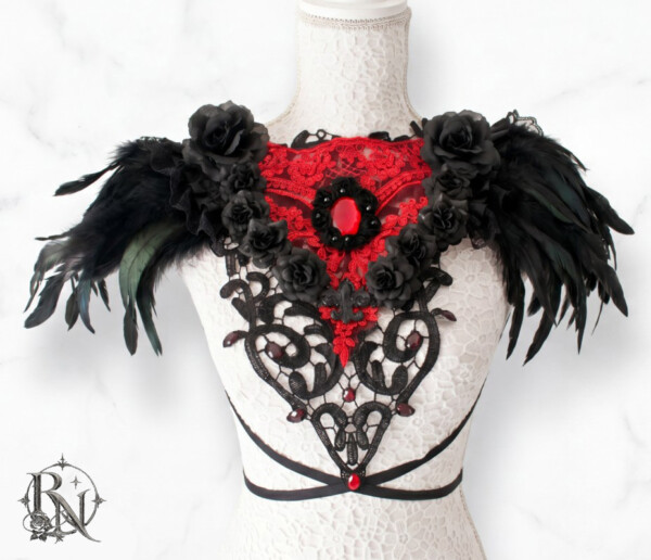 Black lace and feather gothic collar with red details-chestpiece