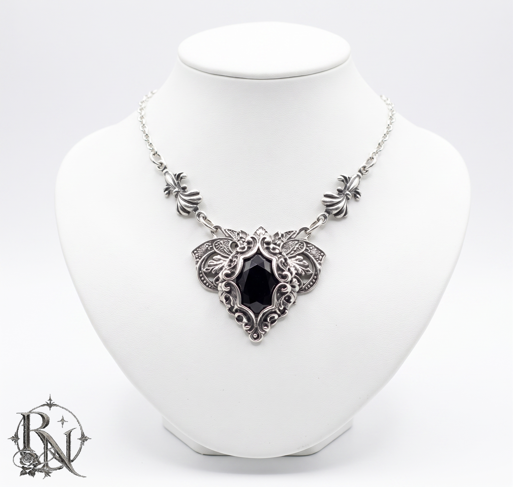 Silver flourish victorian gothic necklace with black gem