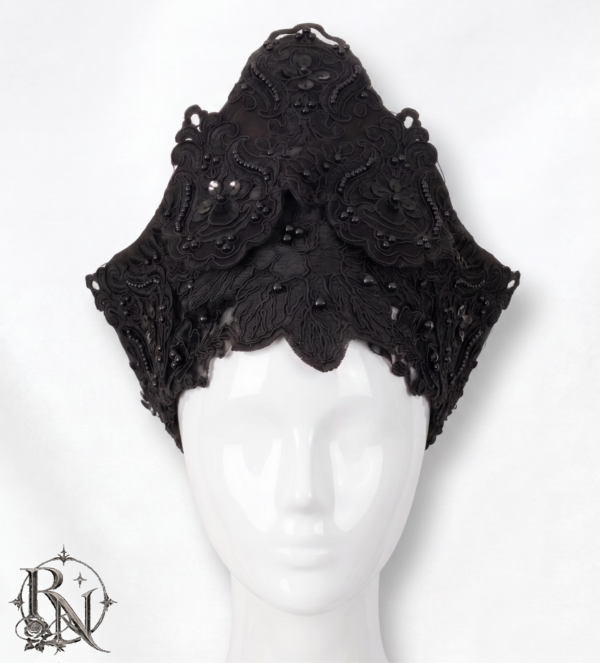 Black gothic lace crown with lace applique details