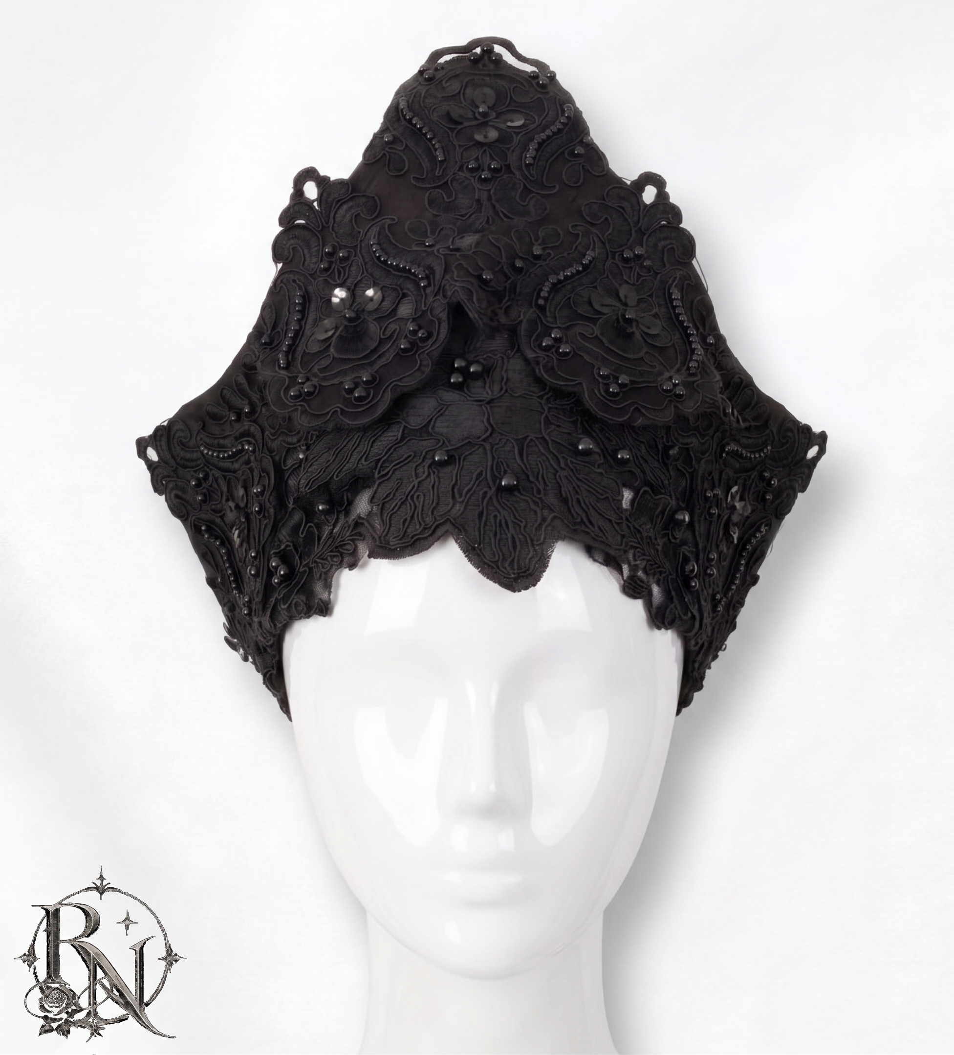Black gothic lace crown with lace applique details