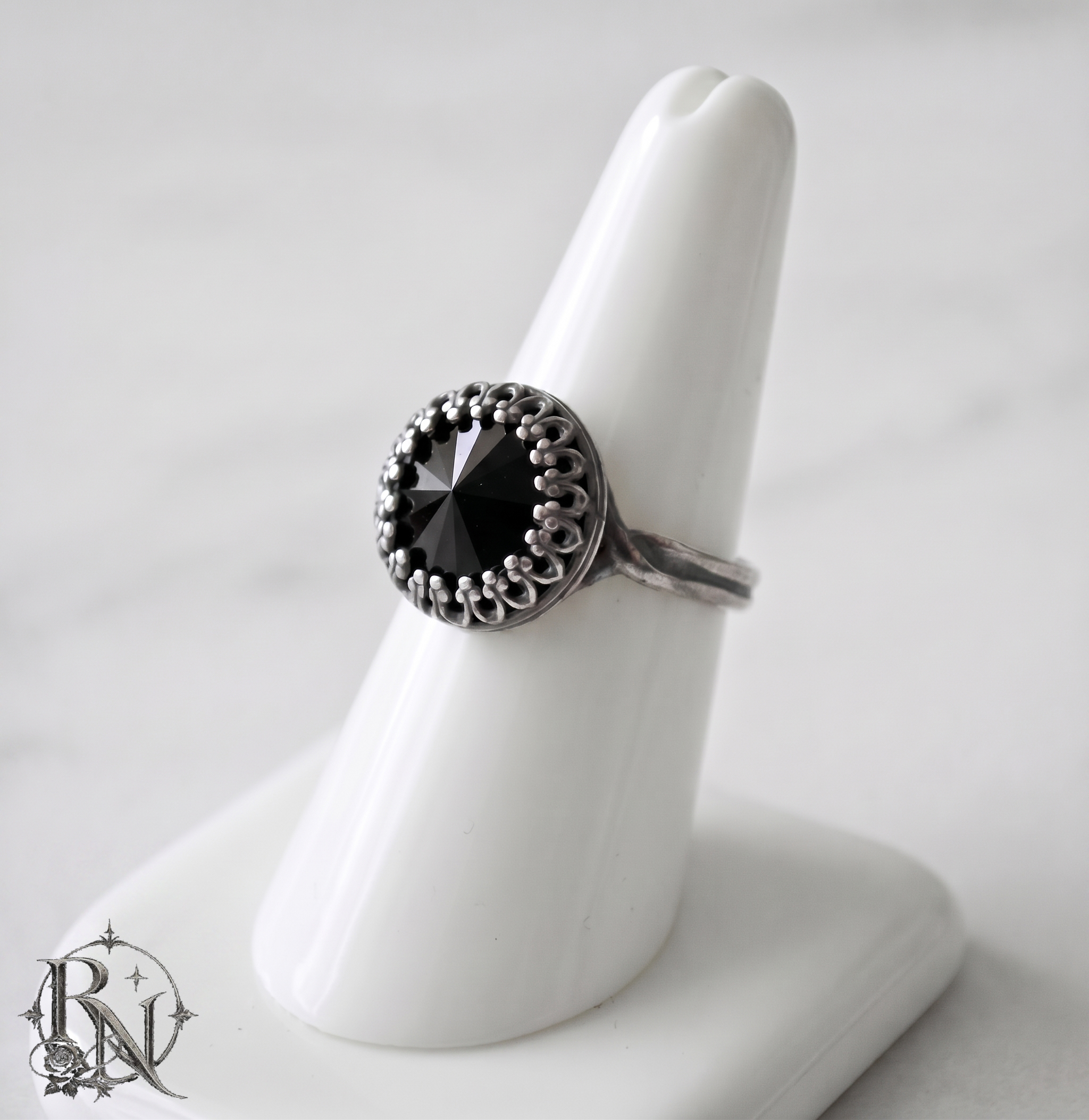 Victorian gothic silver crown ring with black Swarovski-bridal jewelry