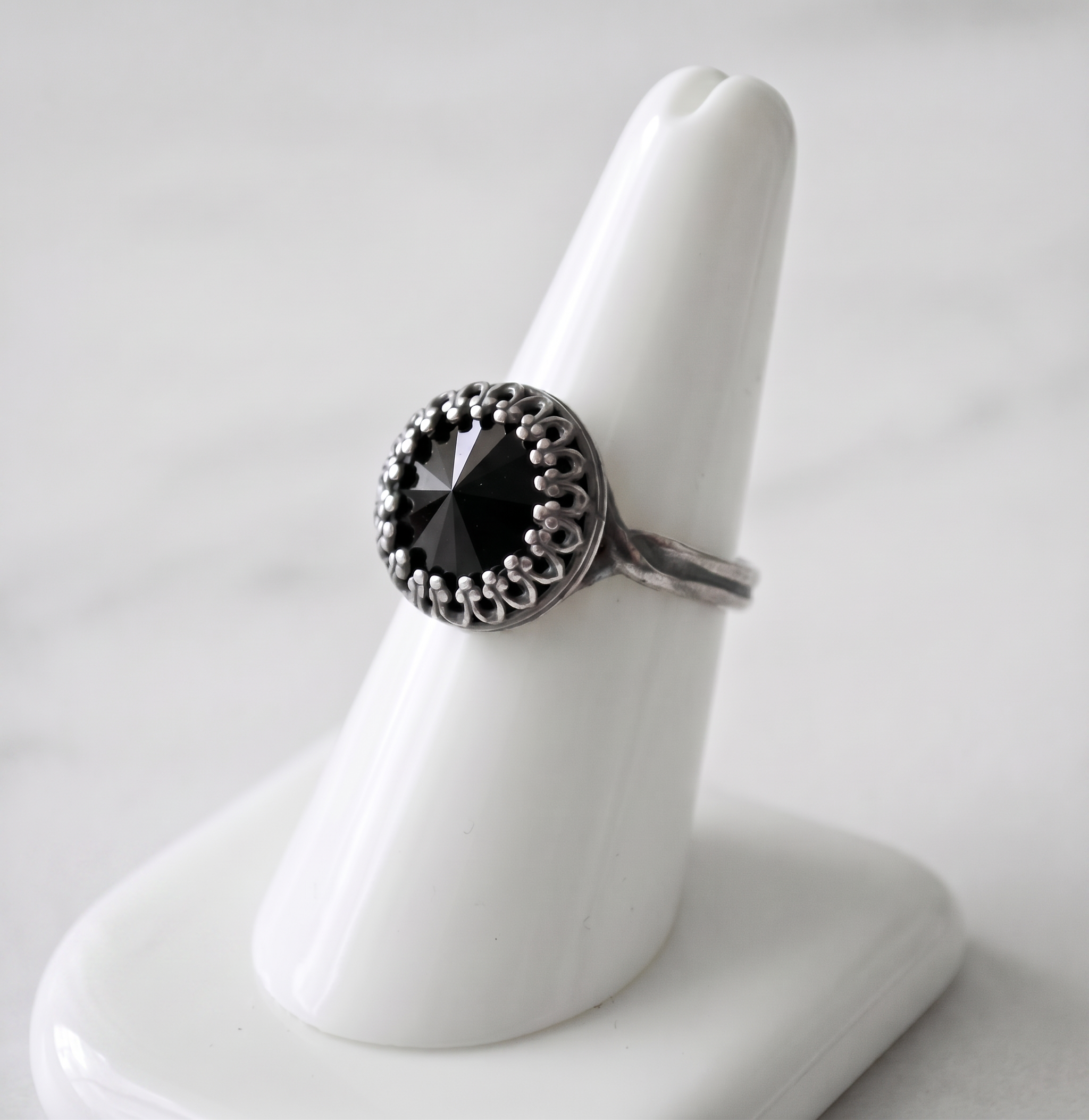 Victorian gothic silver crown ring with black Swarovski-bridal jewelry - Image 2