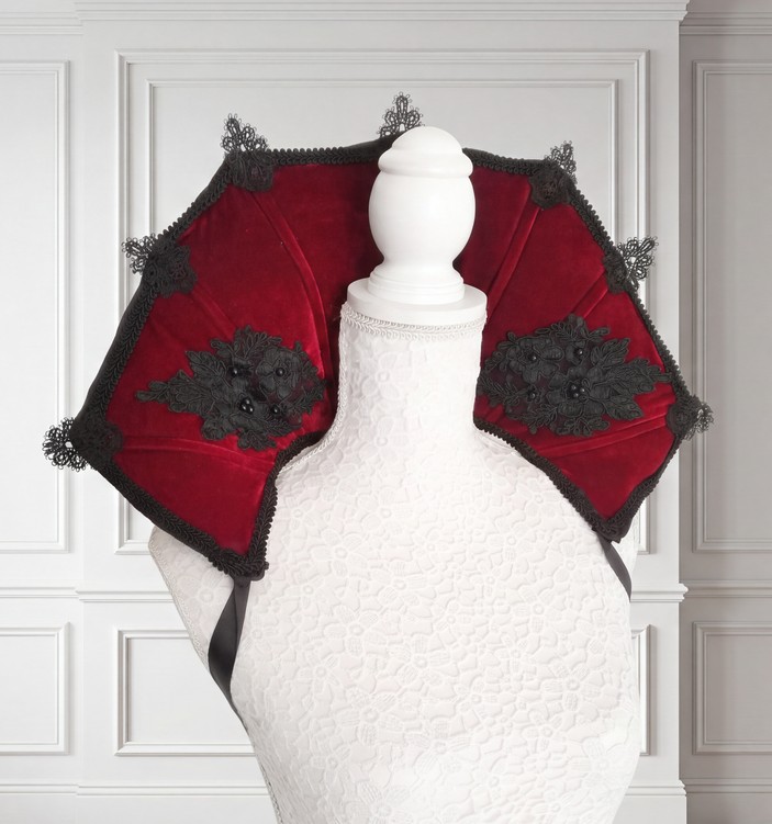 Vampire burgundy gothic stand-up collar with black lace details - Image 3
