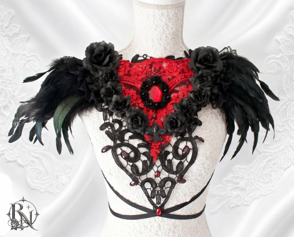 Black lace and feather gothic collar with red details-chestpiece - Image 2