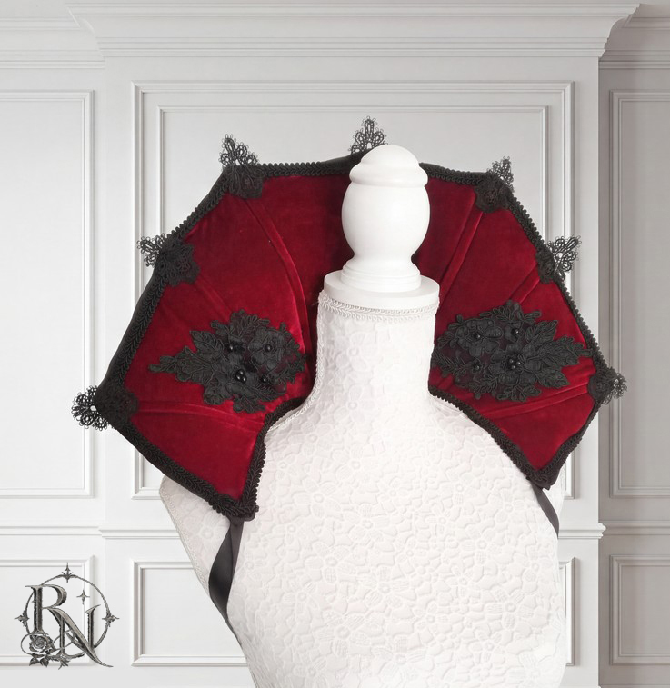 Vampire burgundy gothic stand-up collar with black lace details - Image 2