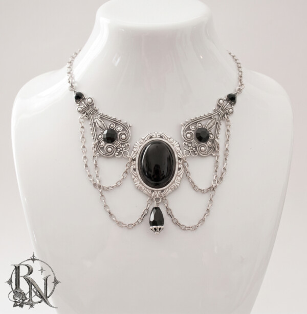 Silver Onyx Victorian Gothic Necklace/Choker with black gem