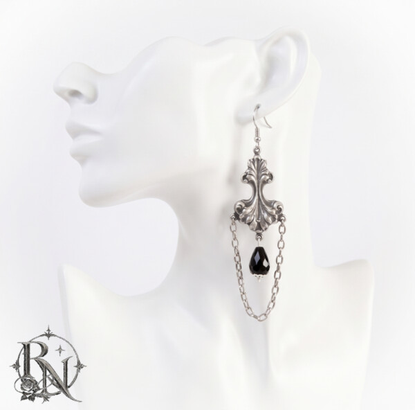 Silver rococo dangle drop earrings with black beads