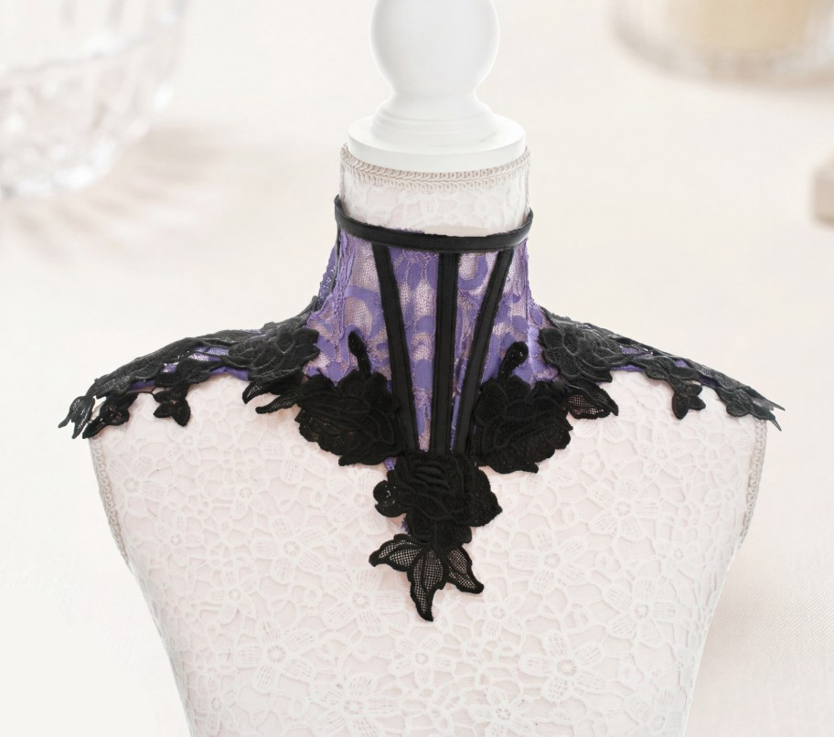 Purple gothic lace neck corset with black flourish details - Image 2