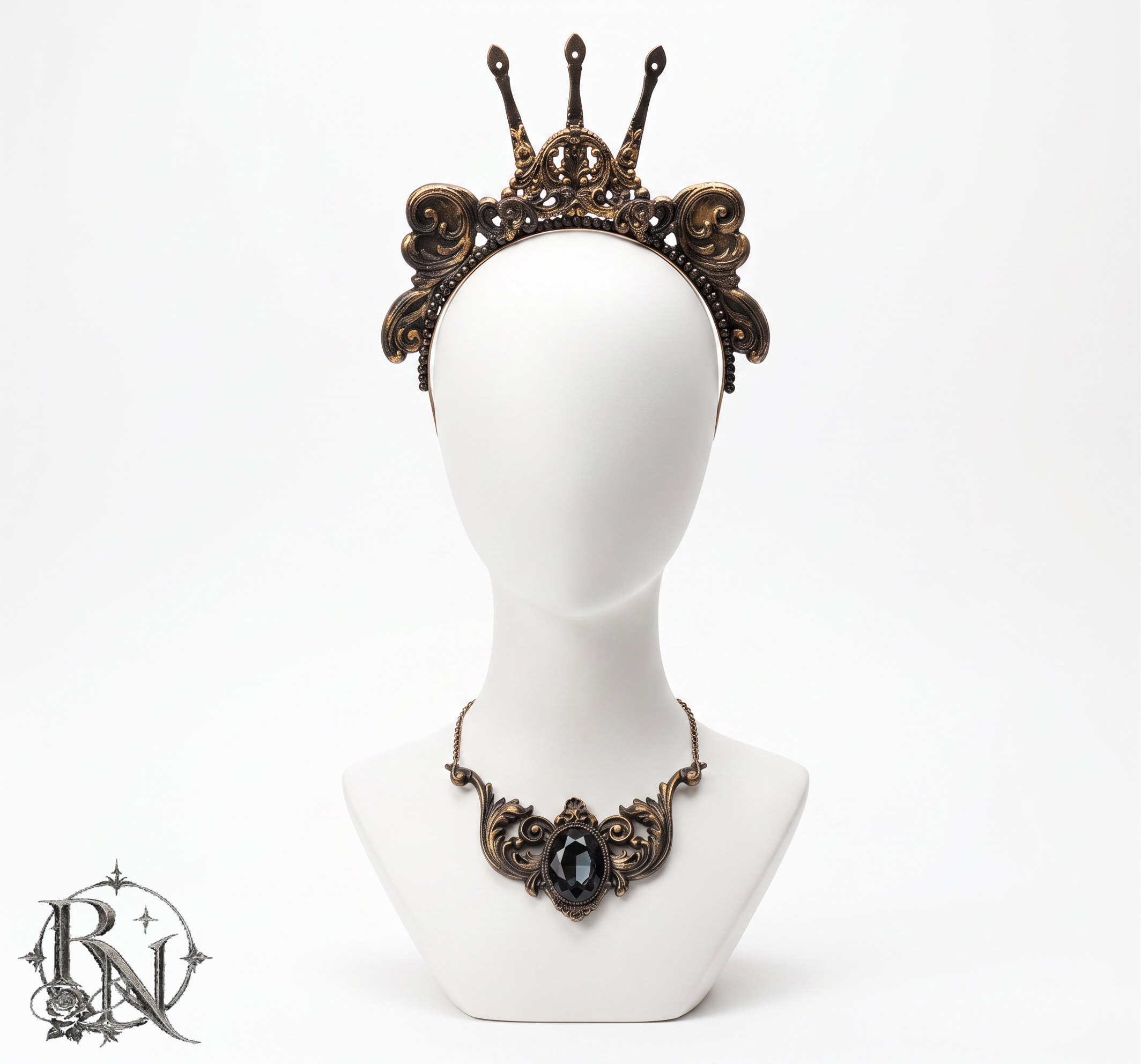 Black baroque resin gothic set of headpiece and necklace-Akasha