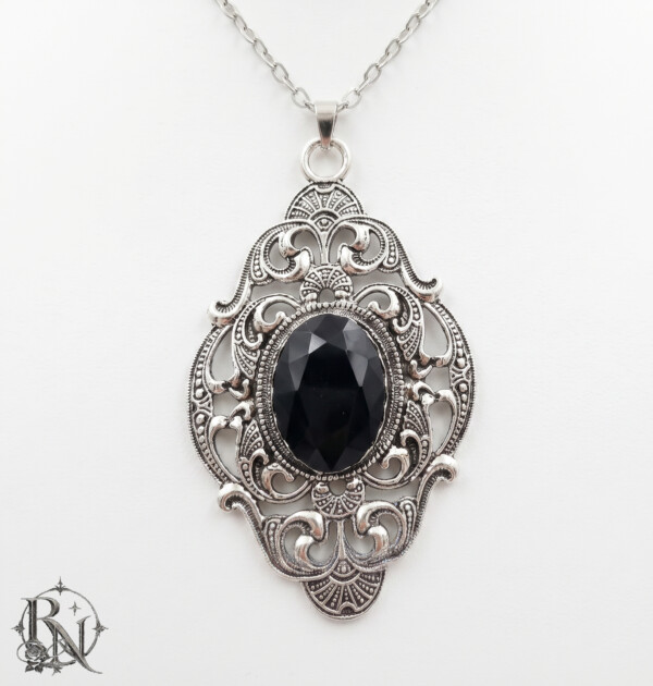 Silver ornate victorian gothic necklace with black gem