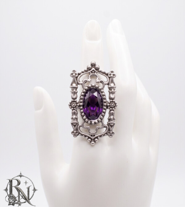Silver cathedral gothic ring with amethyst gem