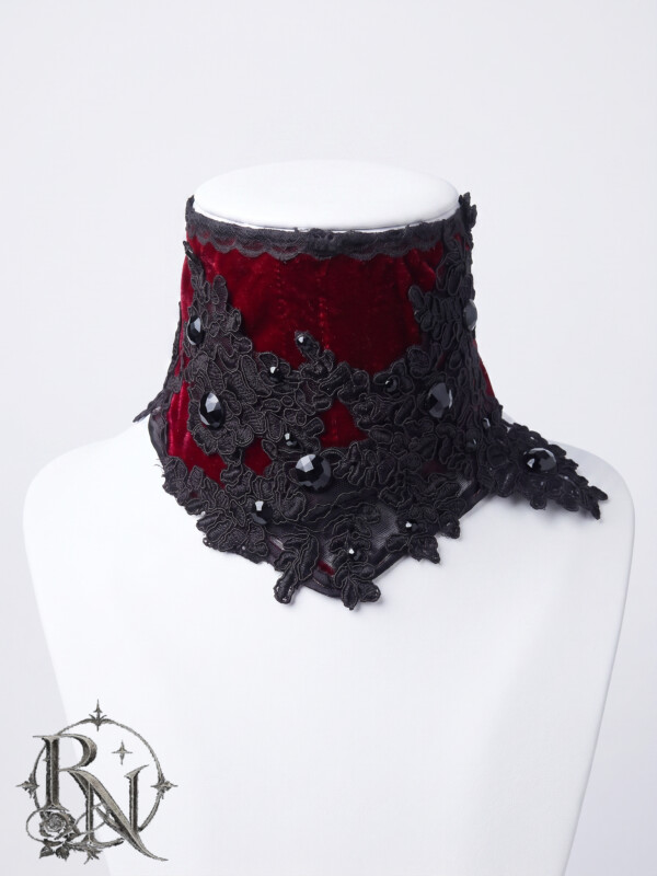 Burgundy velvet gothic neck corset with black lace applique