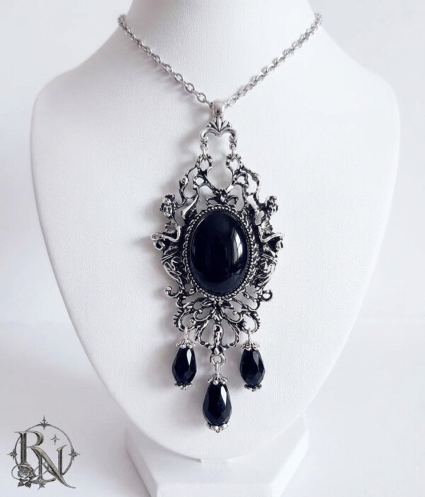 Silver gothic drop necklace with black gem