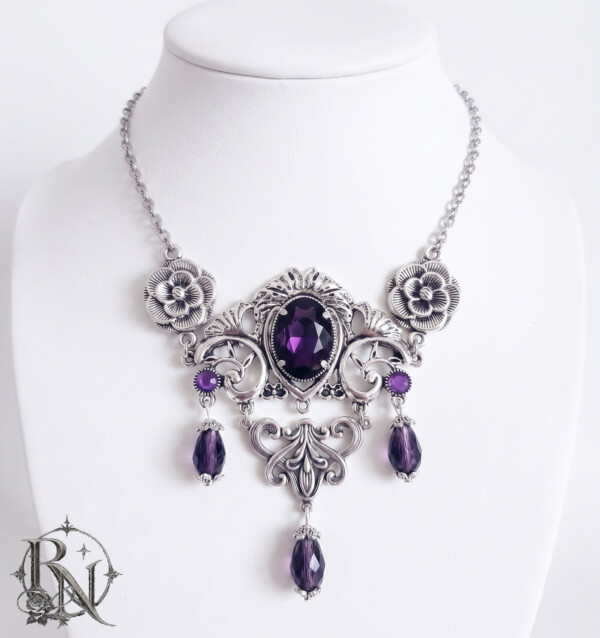 Silver victorian flourish necklace with purple gem