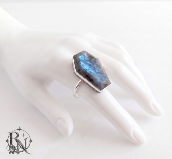 Coffin shaped gothic statement gem ring with Labradorite