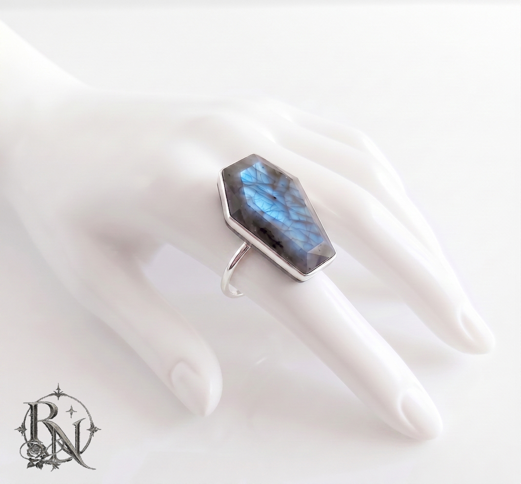 Coffin shaped gothic statement gem ring with Labradorite