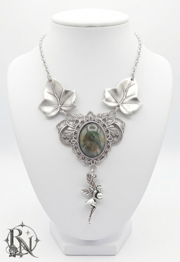 Gothic fairy whimsical necklace with green gem