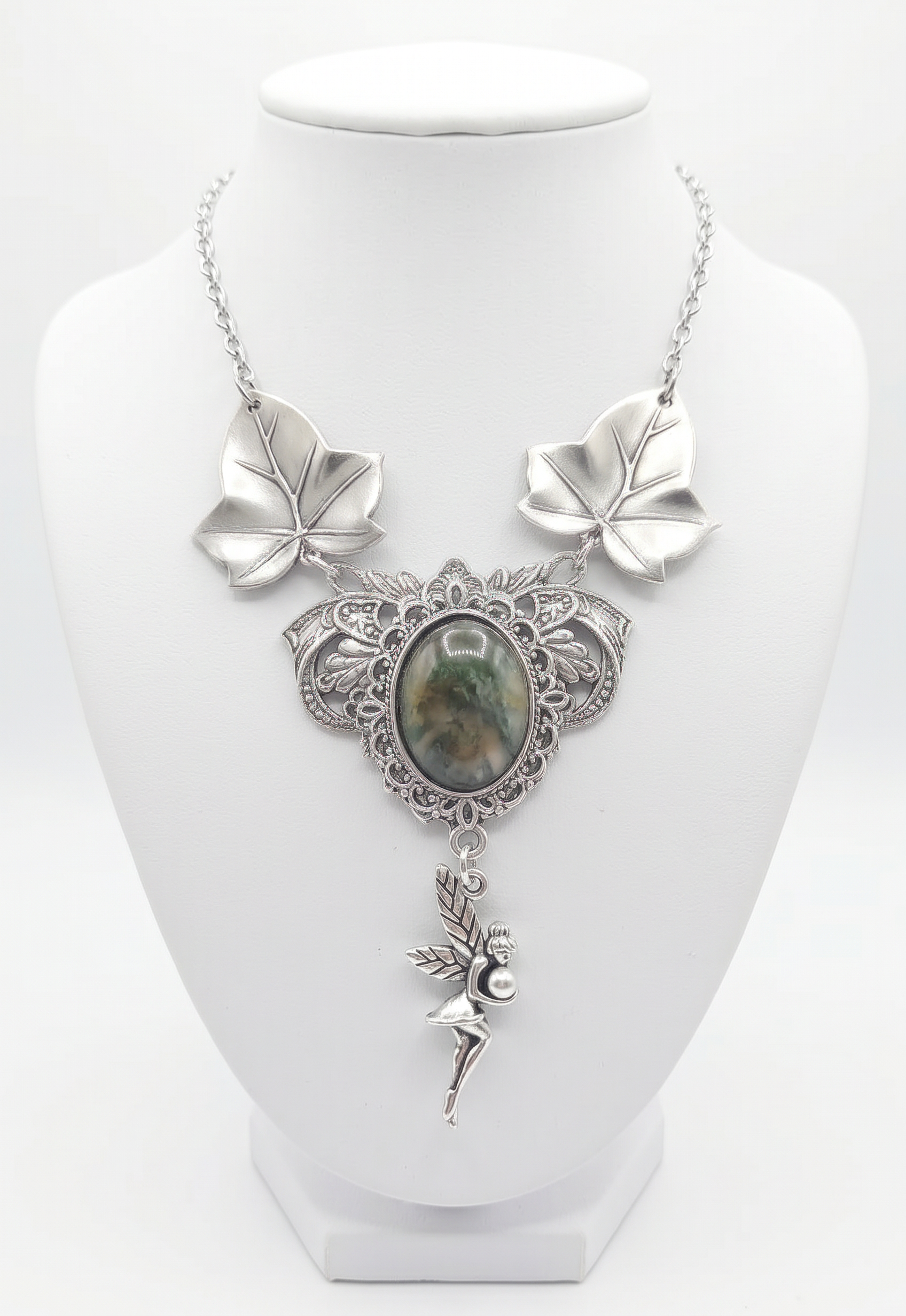 Gothic fairy whimsical necklace with green gem - Image 2