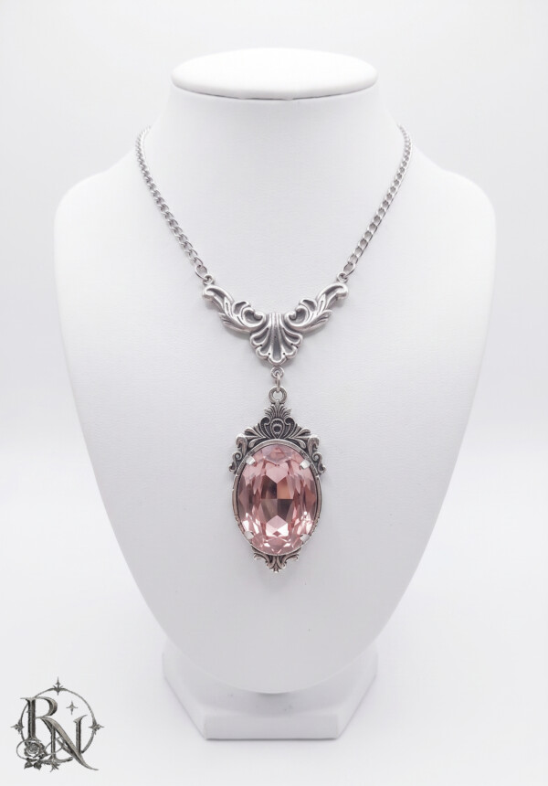 Silver classic victorian gothic  necklace with rose gem