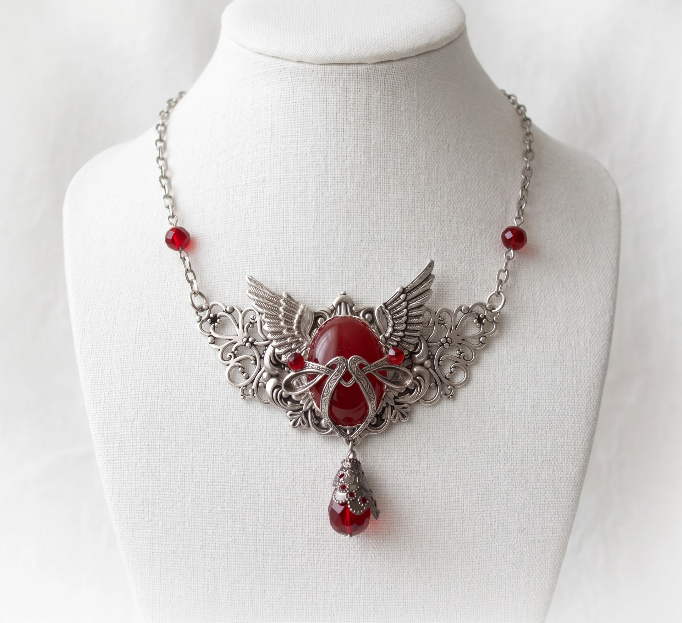 Gothic silver winged pendant with gem - Image 2
